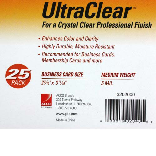5mil GBC HeatSeal Ultra Clear Business Card Size Pouches - 25pk