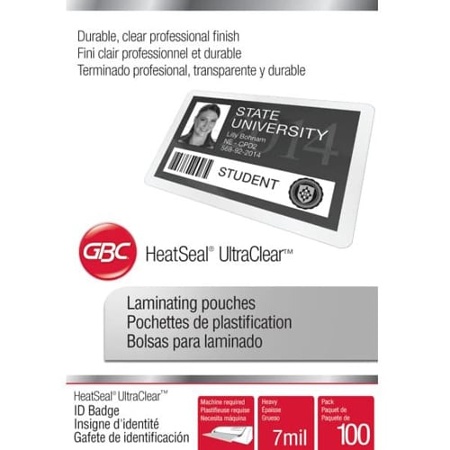 GBC Swingline 7mil UltraClear Badge ID Card Size Thermal Laminating Pouches 100pk - 3200016B
