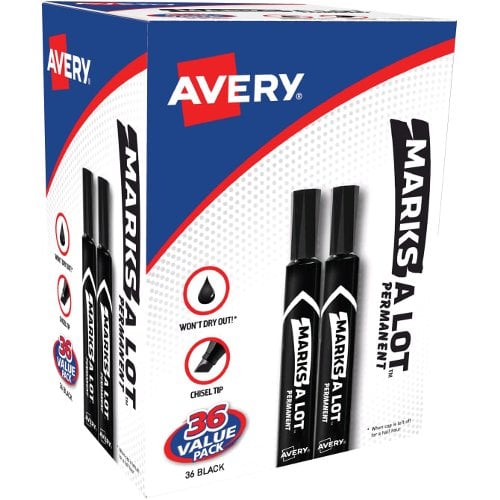 Avery Marks A Lot Black Permanent Markers (Chisel Tip, 36/Box) - 98206