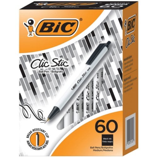 BIC Clic Stick 1.0mm Retractable Black Ball Pen (White Barrel) - 60/Box (CSM60BK)