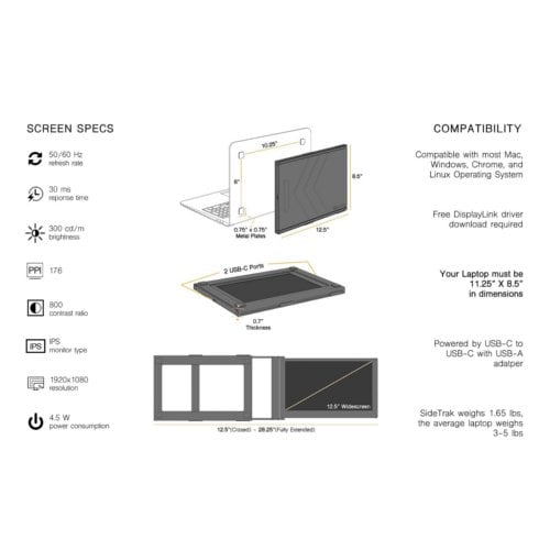 Luxor SideTrak® Slide HD 12.5" Attachable Portable Monitor - ST12BL
