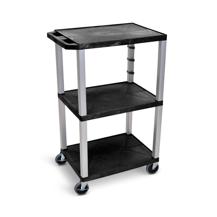 Luxor 42" High 3-Shelf Utility Cart (Black Shelves, Nickel Legs, w/ 3-Outlet Electrical Assembly) - UCPL1E-N