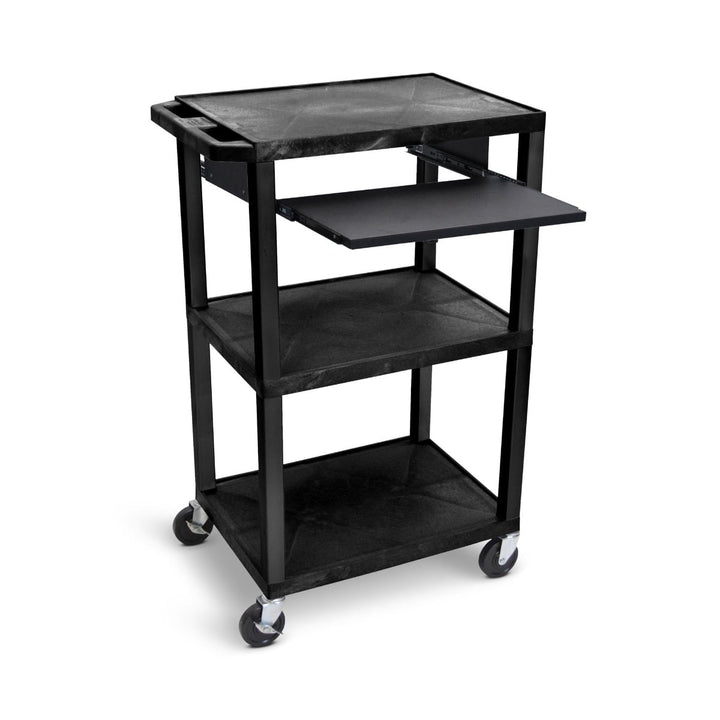 Luxor 42" High 3-Shelf Utility Cart (Black Shelves and Legs, w/ 3-Outlet Electrical Assembly, Pullout Keyboard Tray) - UCPL1PSE-N