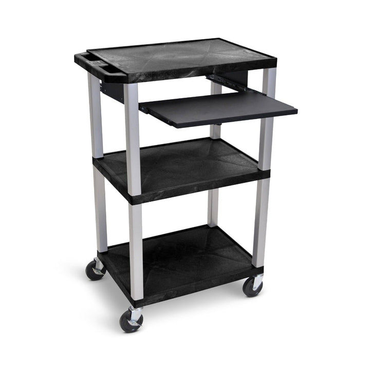 Luxor 42" High 3-Shelf Utility Cart (Black Shelves, Nickel Legs, w/ 3-Outlet Electrical Assembly, Pullout Keyboard Tray) - UCPL1PSE-N