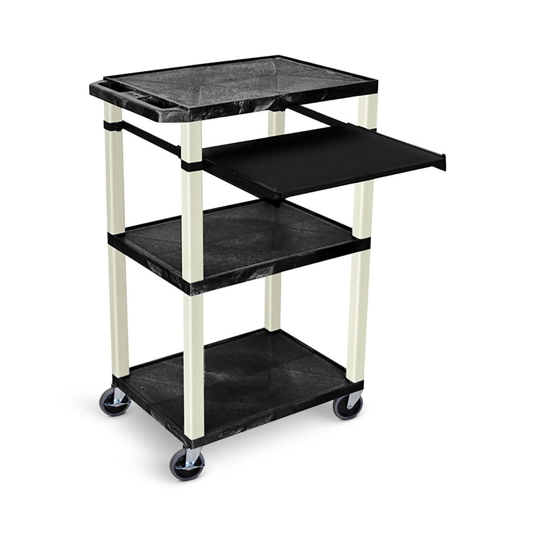 Luxor 42" High 3-Shelf Utility Carts (Black Shelves, w/ 3-Outlet Electrical Assembly, Pullout Keyboard Tray)