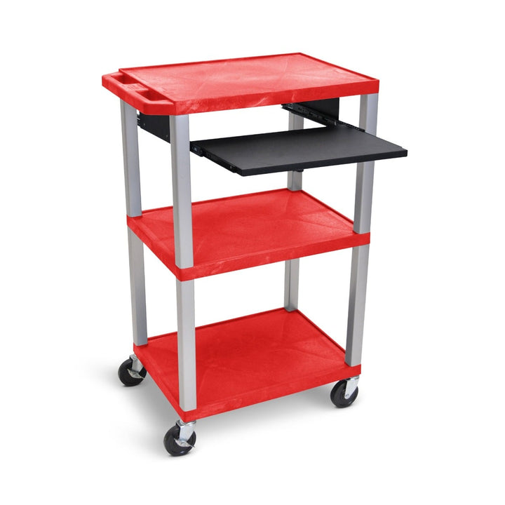 Luxor 42" High 3-Shelf Utility Cart (Red Shelves, Nickel Legs, w/ 3-Outlet Electrical Assembly, Pullout Keyboard Tray) - UCPL1PSRE-N