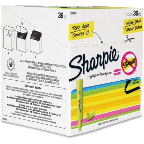 Sharpie SmearGuard Tank Style Highlighters (Fluorescent Yellow) - 36/Pack (1920938)