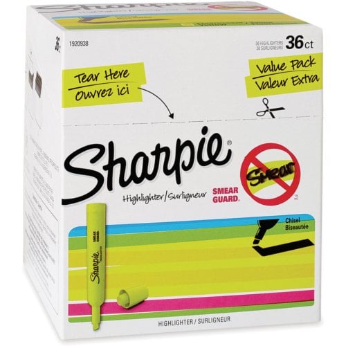 Sharpie SmearGuard Tank Style Highlighters (Fluorescent Yellow) - 36/Pack (1920938)