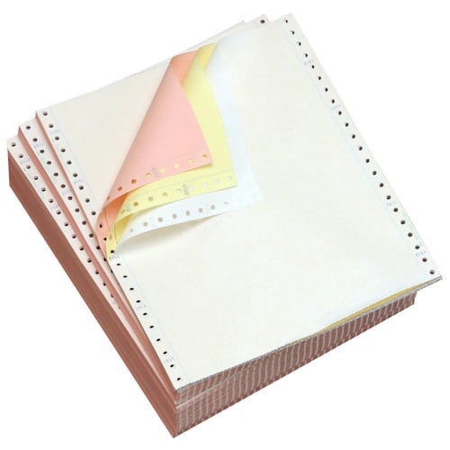 9 1/2" x 5 1/2" 15lb Blank White/Canary/Pink Carbonless Continuous Computer Paper - 6300/Case (3 Ply)