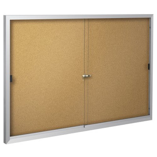 Best-Rite Deluxe Natural Cork Bulletin Board Cabinet - 2 Sliding Doors
