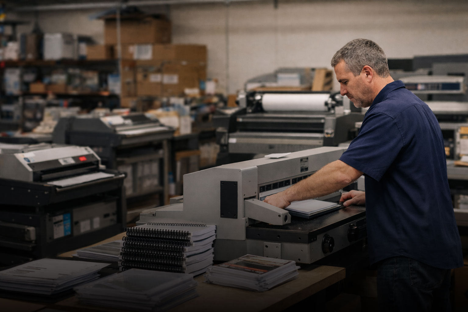 Man operating a binding machine in a warehouse setting