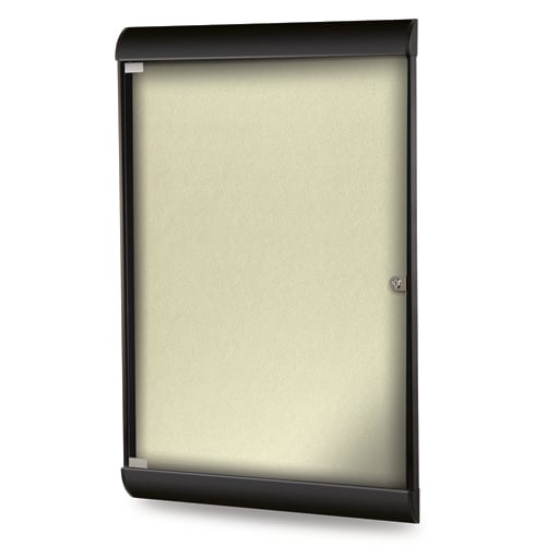 Silhouette 42 1/8" x 27 3/4" 1-Door Caramel Vinyl Fabric Tackboard w/ Black Frame