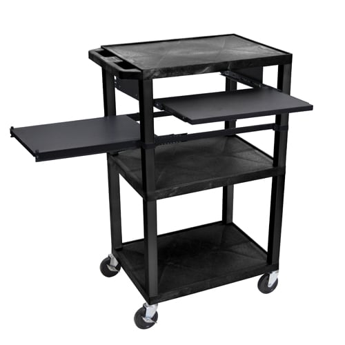 H. Wilson 42" High Black Tuffy Utility A/V Cart with Side and Front Pull-out Shelf  (3-Shelf Black Legs)