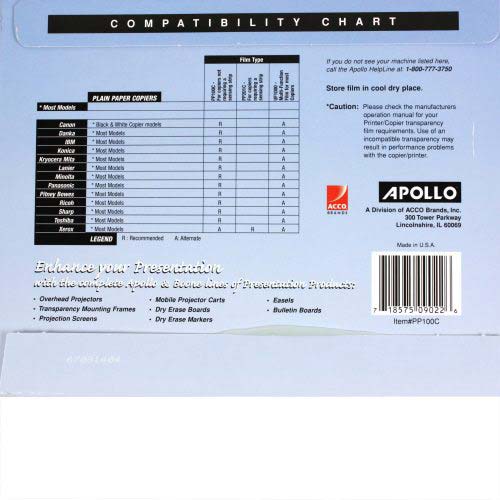 Apollo Plain Paper Copier Transparency Film Without Stripe - PP100CE