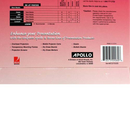 Apollo Quick Dry Universal Ink Jet Transparency Film 50pk - VCG7033S