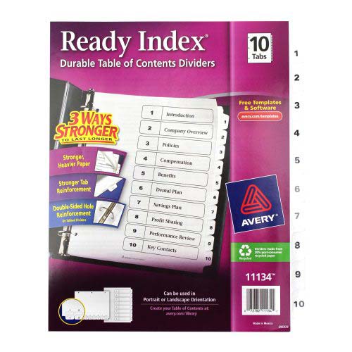 Avery 1-10 tab 11" x 8.5" Classic Black and White Dividers - 11134 - Clearance Sale