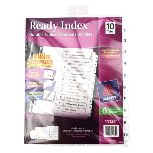 Avery 1-10 tab 11" x 8.5" Classic Black and White Dividers - 11134 - Clearance Sale