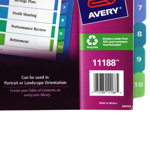 Avery 1-10 tab 11" x 8.5" Contemporary Multicolor Dividers 6pk - 11188
