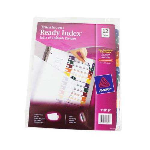 Avery 1-12 tab 11" x 8.5 Translucent Multicolor Dividers - 11819