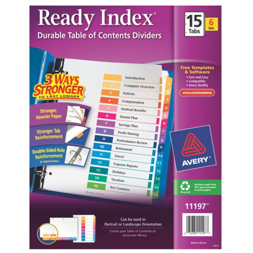 Avery 1-15 tab 11" x 8.5" Contemporary Multicolor Dividers 6pk - 11197