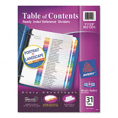 Avery 1-31 tab 11" x 8.5" Contemporary Multicolor Dividers - 11129 - Clearance Sale