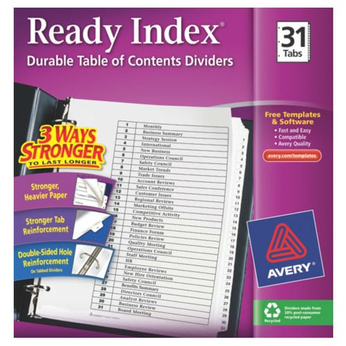 Avery 1-31 tab 11" x 8.5" Classic Black and White Dividers - 11128 - Clearance Sale