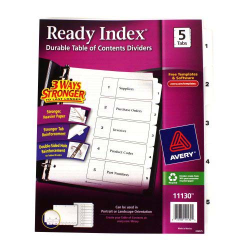 Avery 1-5 tab 11" x 8.5" Classic Black and White Dividers - 11130