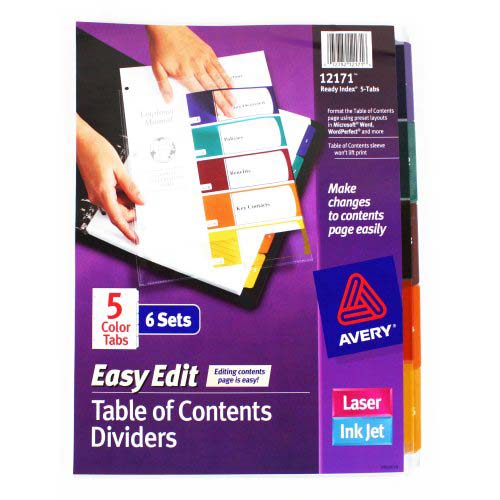 Avery 1-5 tab 11" x 8.5" Easy Edit Multicolor TOC Dividers - 12171 (Discontinued)