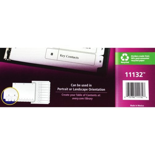 Avery 1-8 tab 11" x 8.5" Classic Black and White Dividers - 11132 - Clearance Sale