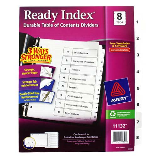 Avery 1-8 tab 11" x 8.5" Classic Black and White Dividers - 11132 - Clearance Sale
