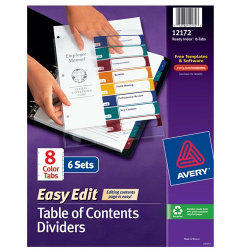 Avery 1-8 tab 11" x 8.5" Easy Edit Multicolor TOC Dividers - 12172