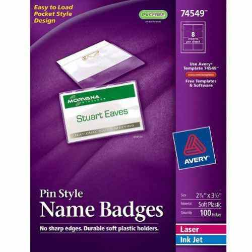 Avery 2-1/4" x 3-1/2" Laser and Inkjet Pin Name Badges 100pk - 74549 - Clearance Sale