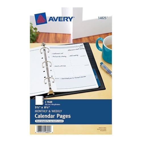 Avery 5-1/2" x 8-1/2" Monthly/Weekly Calendar Pages for Mini Binders 25pk - 14825