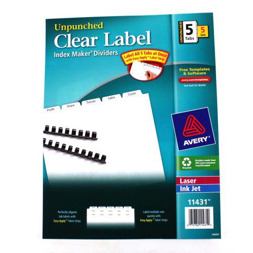 Avery 5-tab 11" x 8.5" Clear Label Unpunched Dividers 5pk - 11431