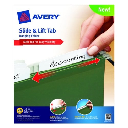 Avery 8.5" x 11" Green Slide & Lift Tab Hanging File Folders - with Plastic Tabs - 24pk