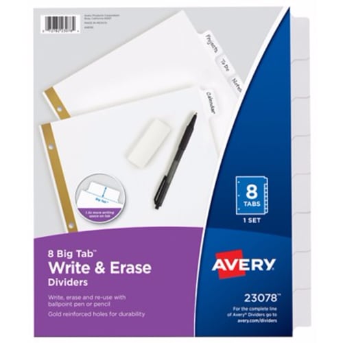 Avery 8-tab White Big Tab Write-On Dividers - 23078 - Clearance Sale