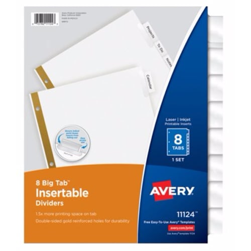 Avery 8-Tab White Paper Big Tab Clear Dividers with Reinforcing Strip - 11124