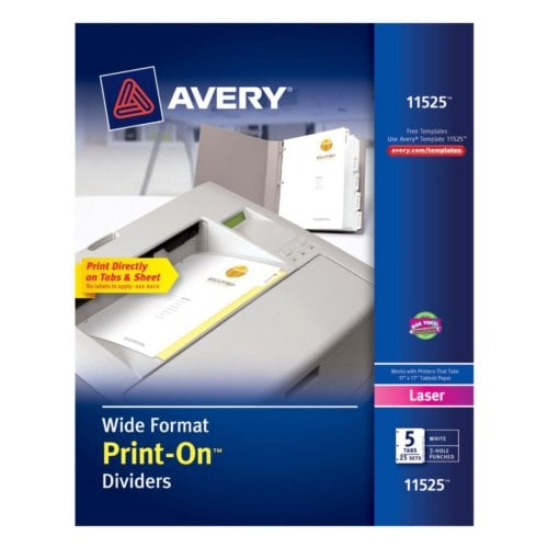 Avery 9" x 11" White 5-Tab Print-On Dividers for Wide Format Printers- 25 Sets