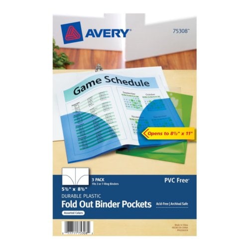 Avery Assorted 7-Hole Punched Mini Plastic Fold Out Binder Pockets for 5.5" x 8.5" Binders 3pk - 75308