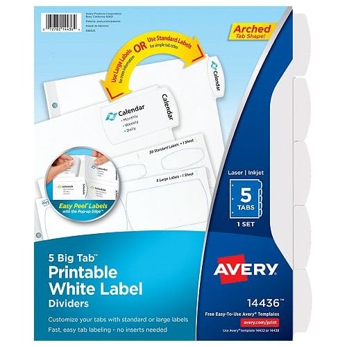 Avery Big Tab Easy Peel 5-Tab Printable Large White Label Dividers 1 set - 14436