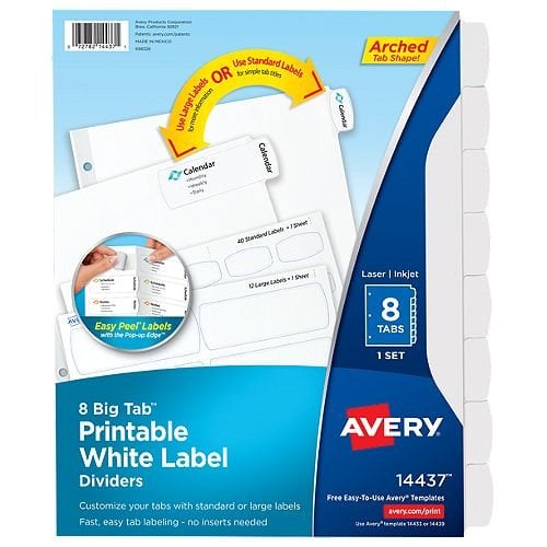 Avery Big Tab Easy Peel 8-Tab Printable Large White Label Dividers