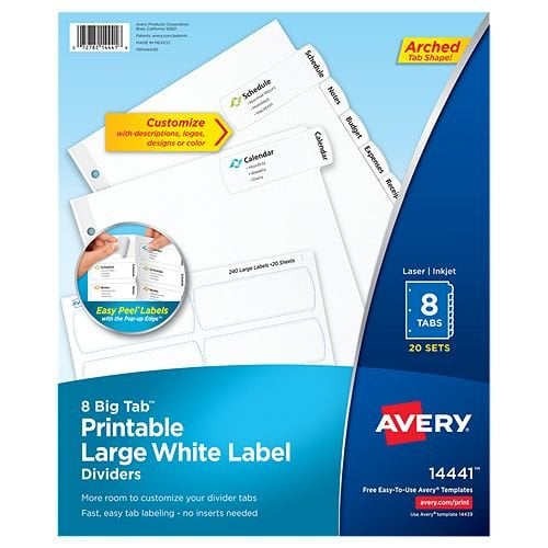 Avery Big Tab Easy Peel 8-Tab Printable Large White Label Dividers