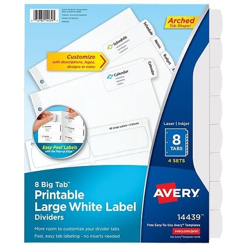 Avery Big Tab Easy Peel 8-Tab Printable Large White Label Dividers 4 sets - 14439 - Clearance Sale