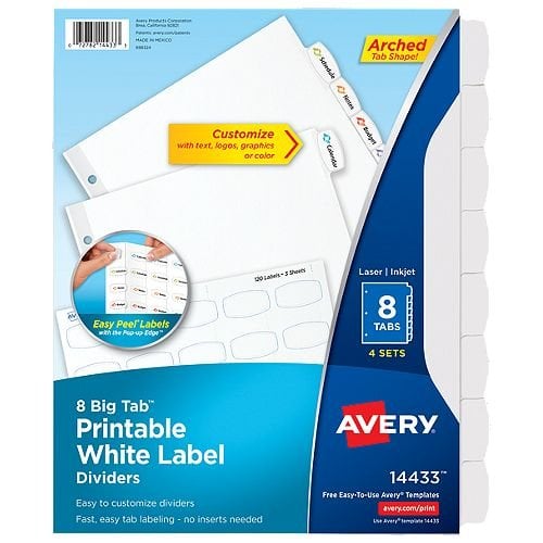 Avery Big Tab Easy Peel 8-Tab Printable White Label Dividers 4 sets - 14433 - Clearance Sale