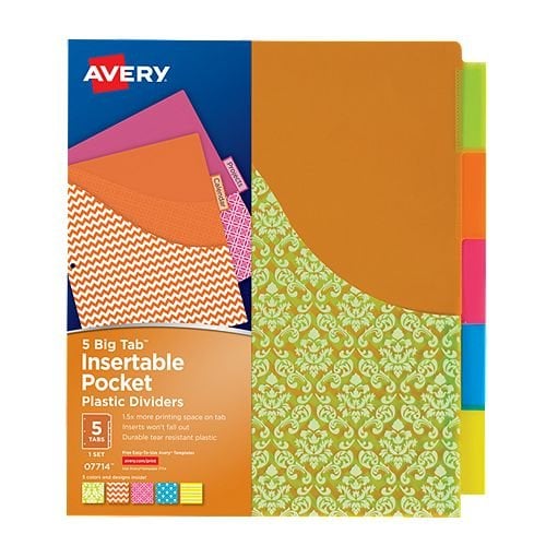 Avery Big Tab Insertable Pocket Multicolor 5-Tab Plastic Dividers (Damask Design) 1 set - 7714