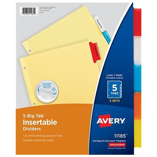 Avery Big Tab Multicolor 5-Tab Buff Paper Insertable Dividers - 3 Sets