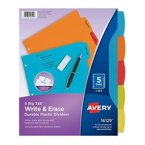 Avery Big Tab Write & Erase Multicolor 5-Tab Plastic Dividers 1 set - 16129 - Clearance Sale