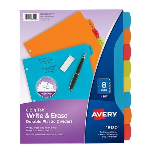 Avery Big Tab Write & Erase Multicolor 8-Tab Plastic Dividers 1 set - 16130 - Clearance Sale