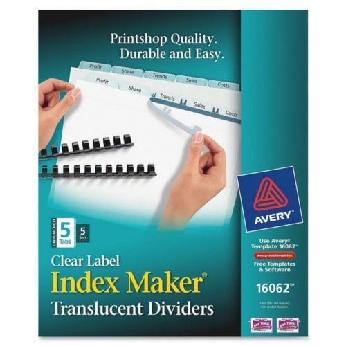 Avery Clear 5-Tab Unpunched Index Maker Plastic Clear Label Dividers 5 sets - 16062