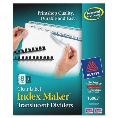 Avery Clear 8-Tab Unpunched Index Maker Plastic Clear Label Dividers 5 sets - 16063